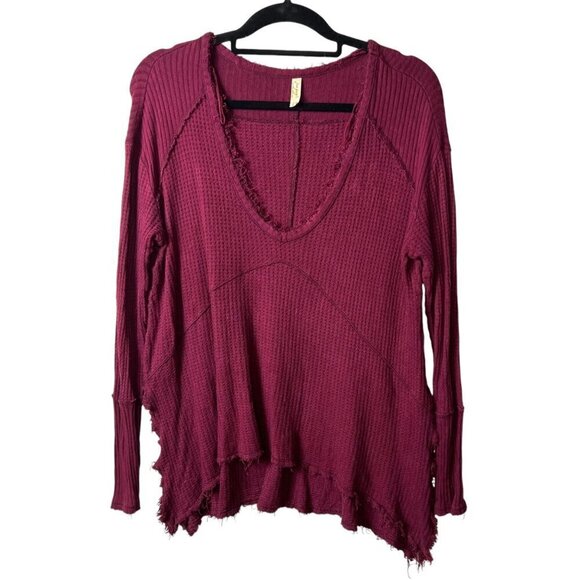 Free people red sunset park v neck thermal top women’s size XS‎ oversized - Picture 1 of 7
